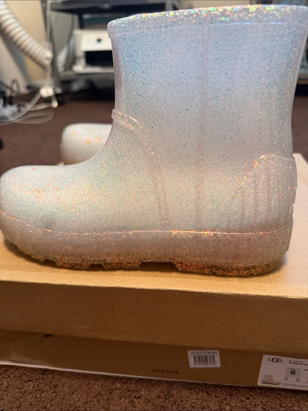 UGG Iridescent Clear Glitter Mid-Calf Rain Boots - White Holographic